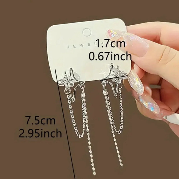 Women's Girls Star Tassle Dangle Silver Earrings - Picture 3 of 6